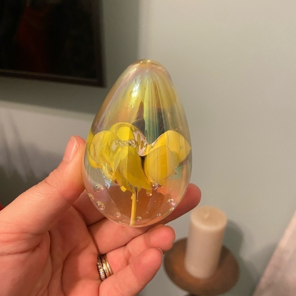 Iridescent Egg Shaped Paperweight Signed Allen